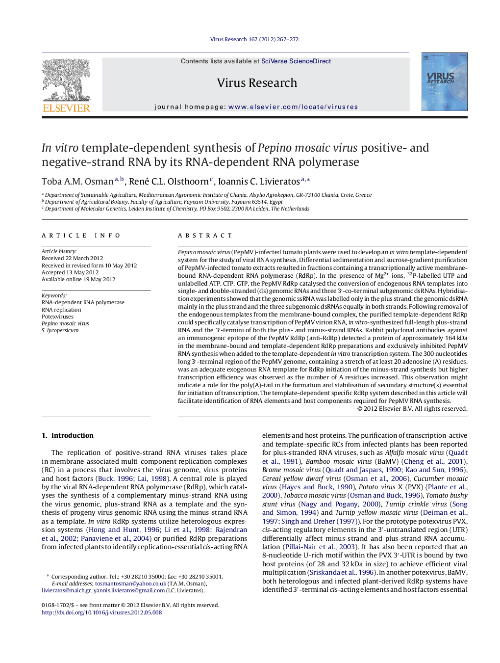 In vitro template-dependent synthesis of Pepino mosaic virus positive- and negative-strand RNA by its RNA-dependent RNA polymerase