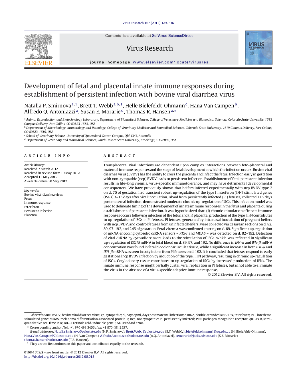 Development of fetal and placental innate immune responses during establishment of persistent infection with bovine viral diarrhea virus