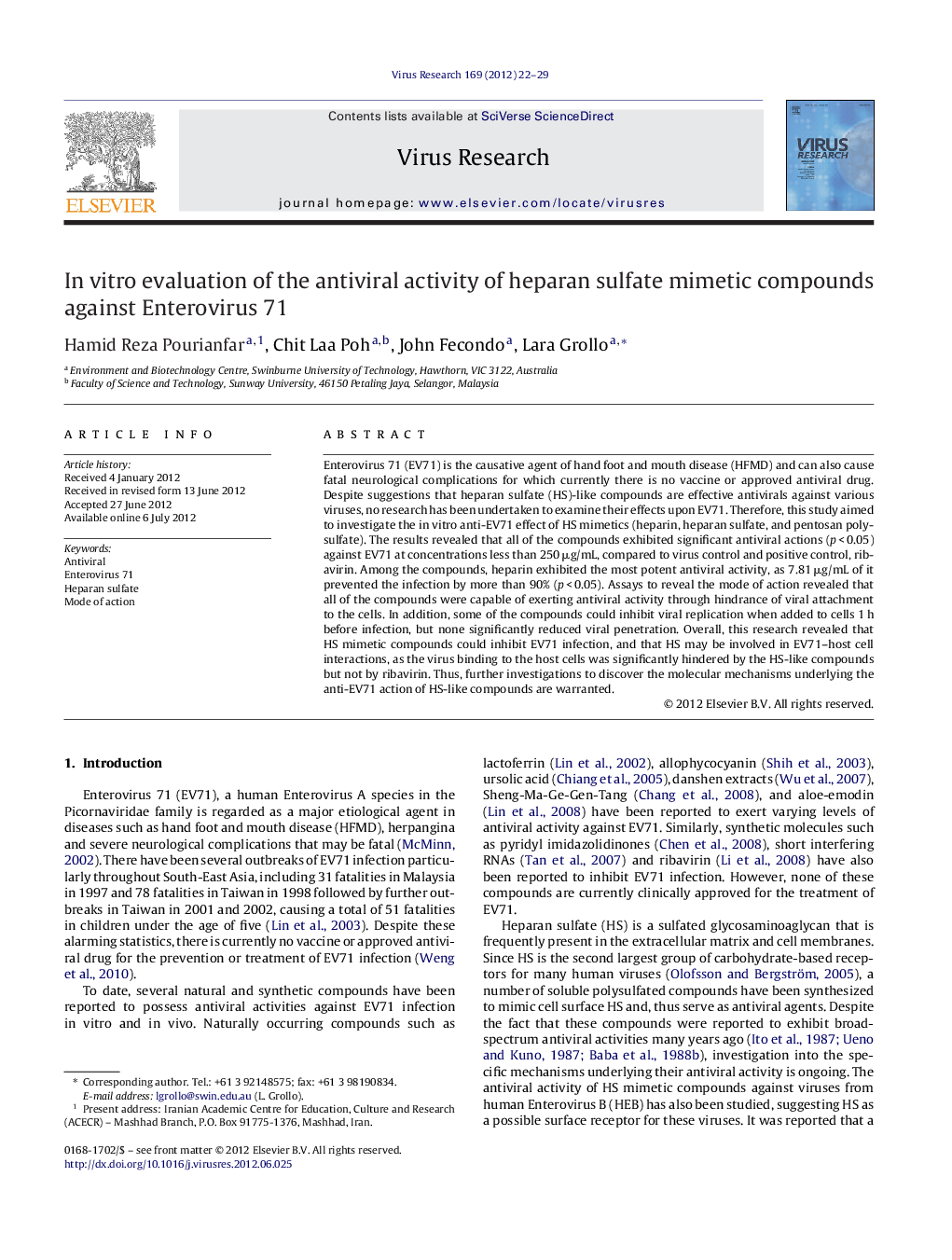 In vitro evaluation of the antiviral activity of heparan sulfate mimetic compounds against Enterovirus 71