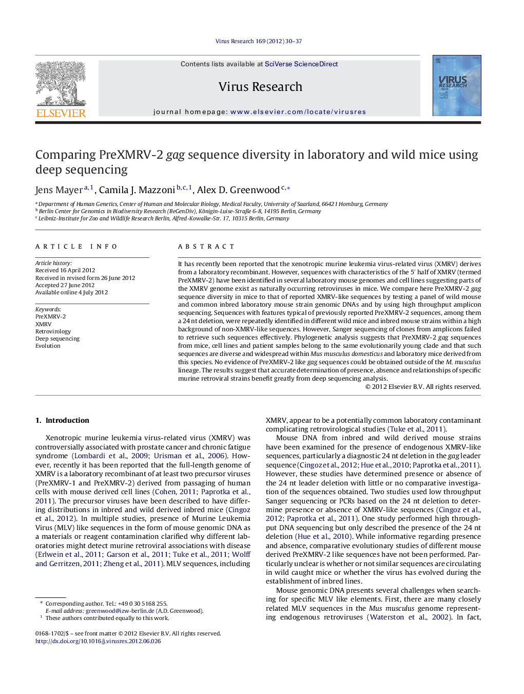 Comparing PreXMRV-2 gag sequence diversity in laboratory and wild mice using deep sequencing