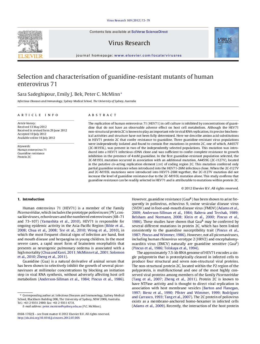 Selection and characterisation of guanidine-resistant mutants of human enterovirus 71