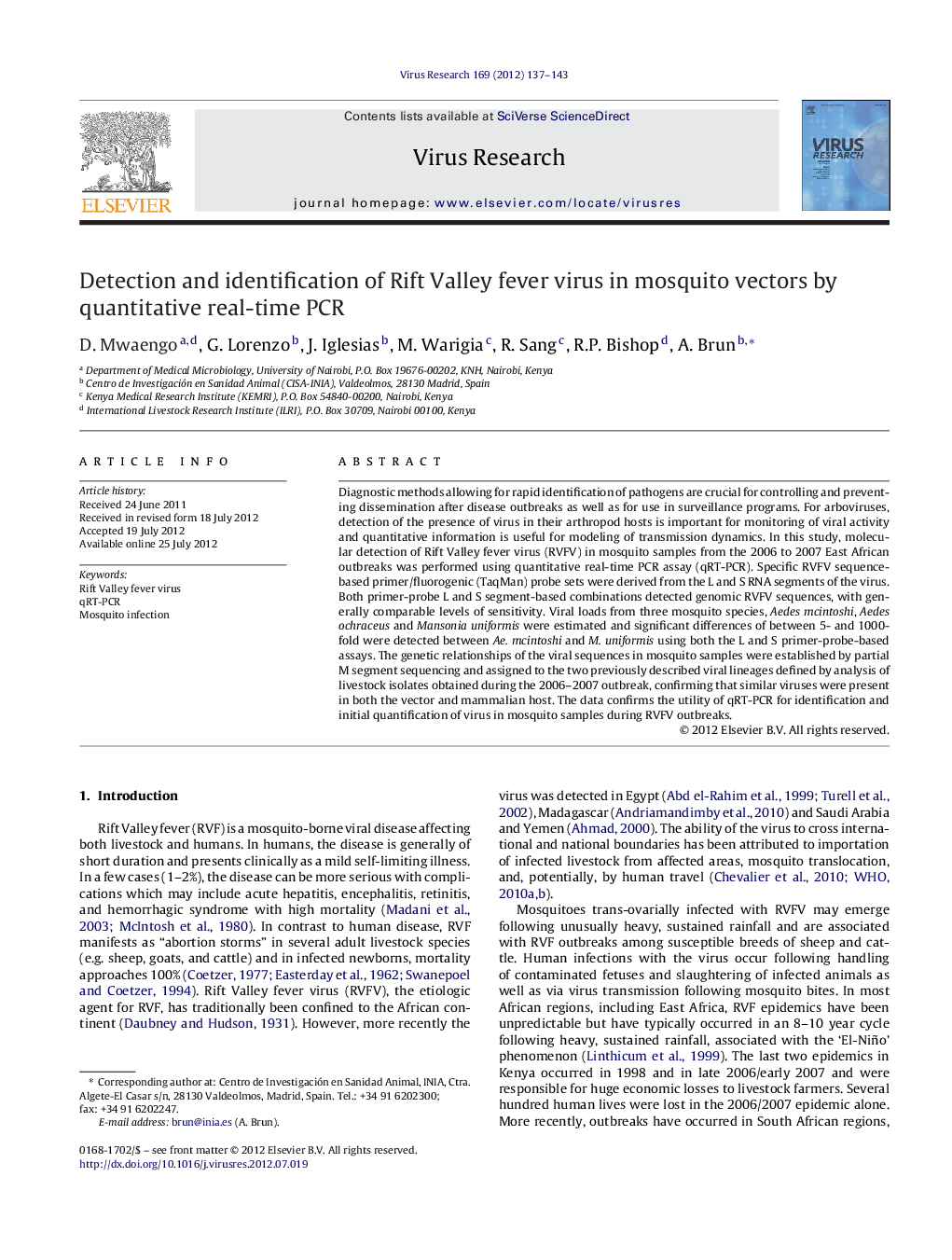 Detection and identification of Rift Valley fever virus in mosquito vectors by quantitative real-time PCR