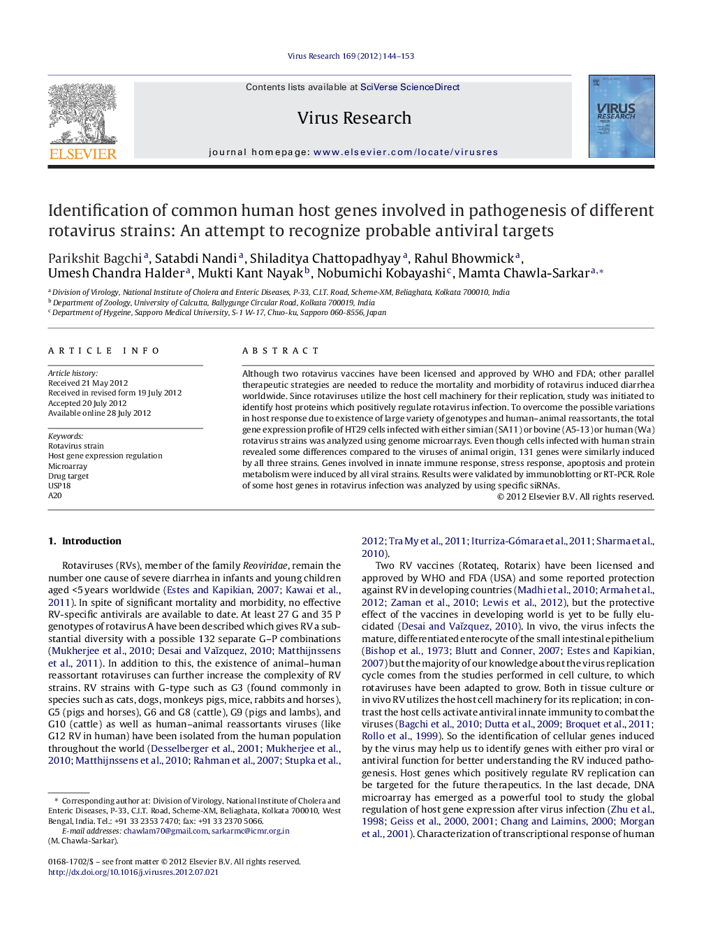 Identification of common human host genes involved in pathogenesis of different rotavirus strains: An attempt to recognize probable antiviral targets