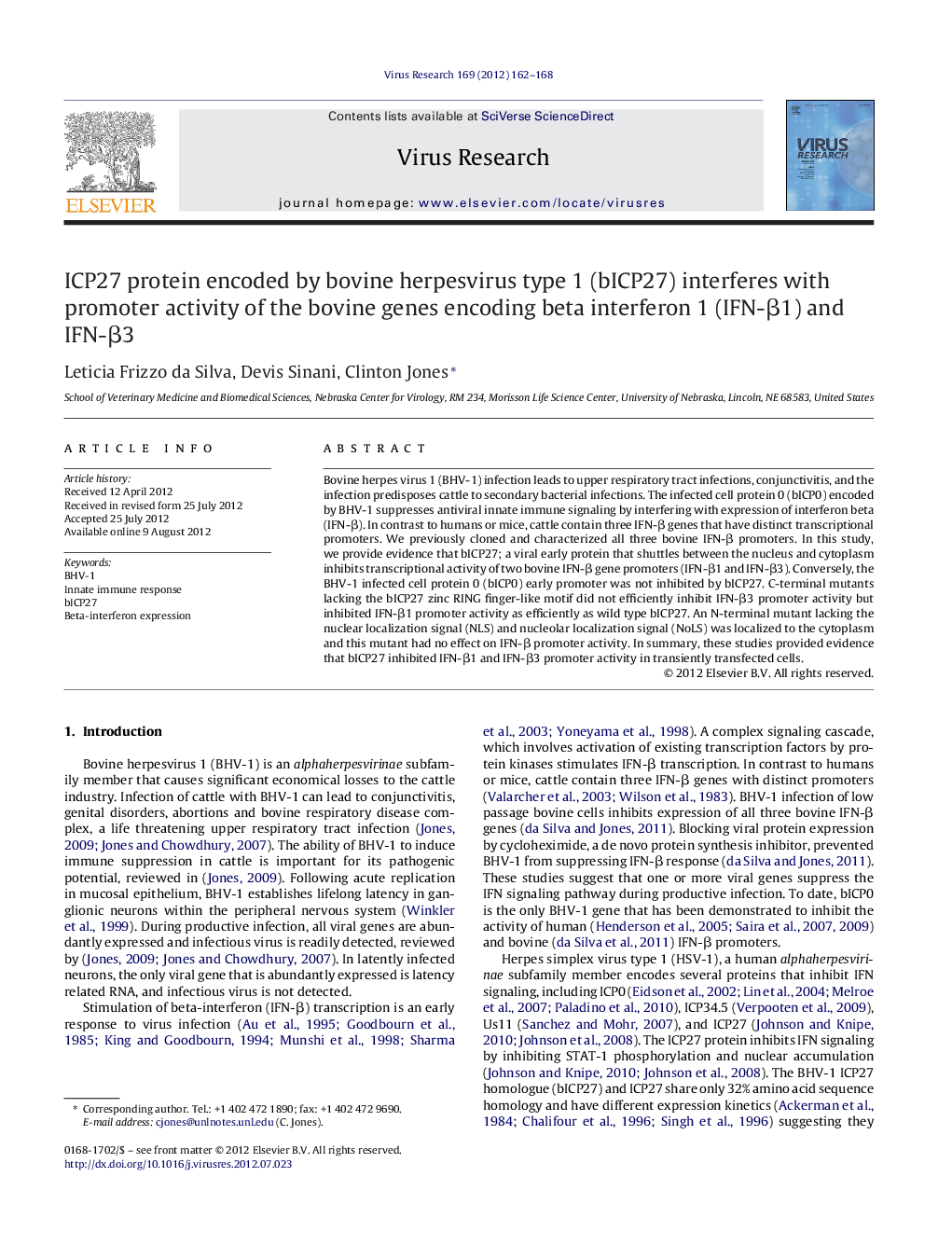 ICP27 protein encoded by bovine herpesvirus type 1 (bICP27) interferes with promoter activity of the bovine genes encoding beta interferon 1 (IFN-Î²1) and IFN-Î²3