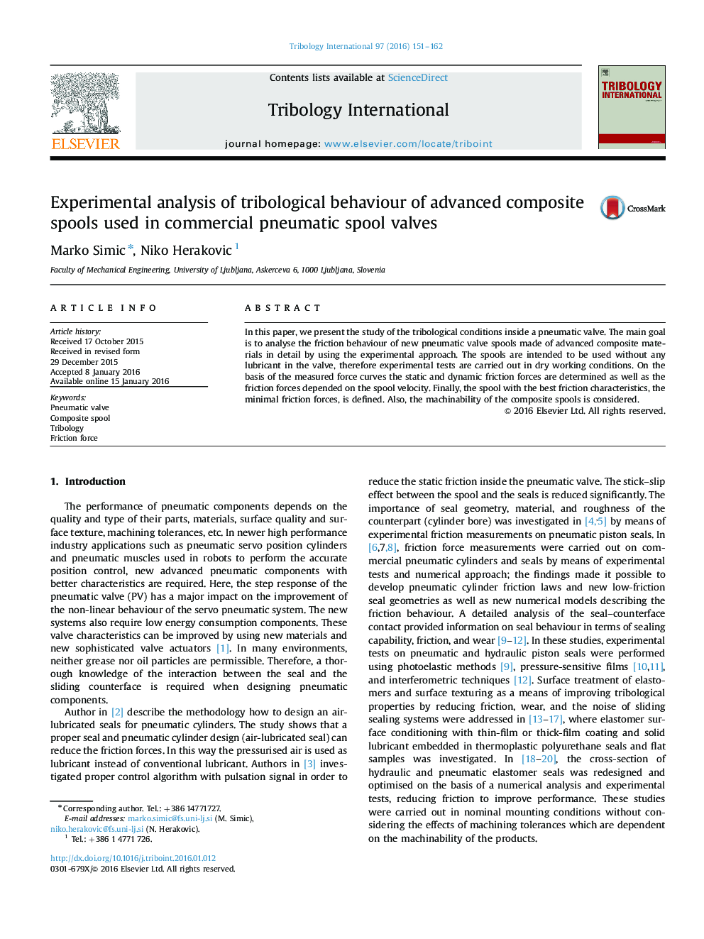 Experimental analysis of tribological behaviour of advanced composite spools used in commercial pneumatic spool valves