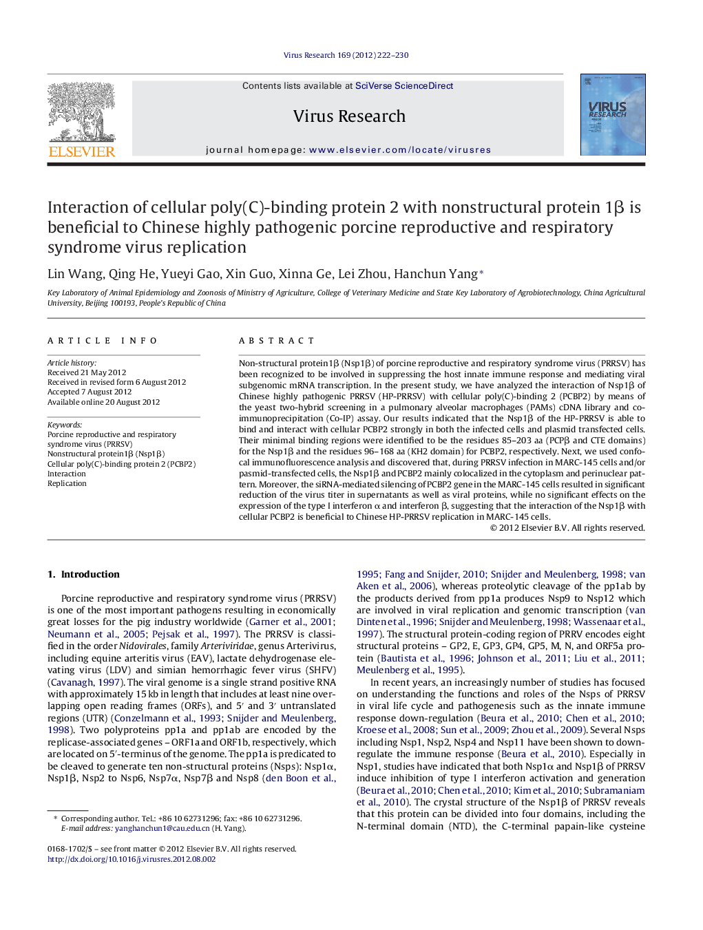 Interaction of cellular poly(C)-binding protein 2 with nonstructural protein 1Î² is beneficial to Chinese highly pathogenic porcine reproductive and respiratory syndrome virus replication