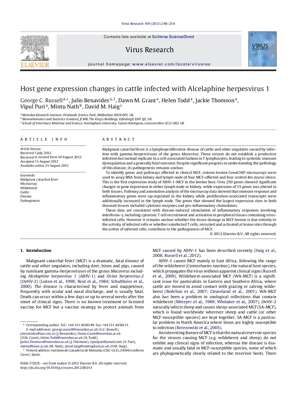 Host gene expression changes in cattle infected with Alcelaphine herpesvirus 1