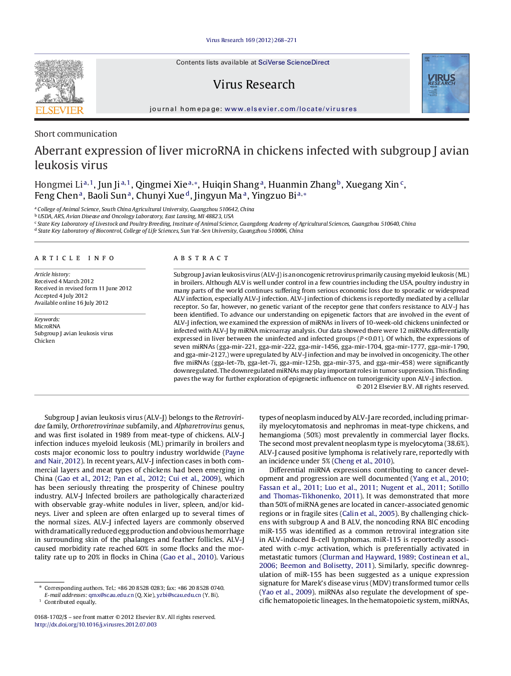 Aberrant expression of liver microRNA in chickens infected with subgroup J avian leukosis virus