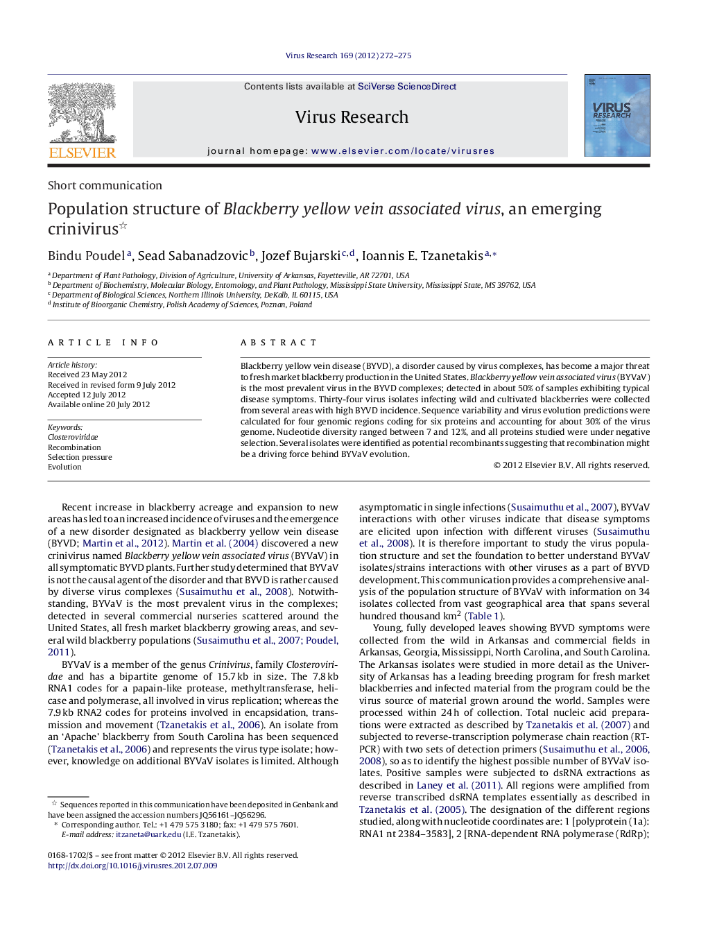 Population structure of Blackberry yellow vein associated virus, an emerging crinivirus