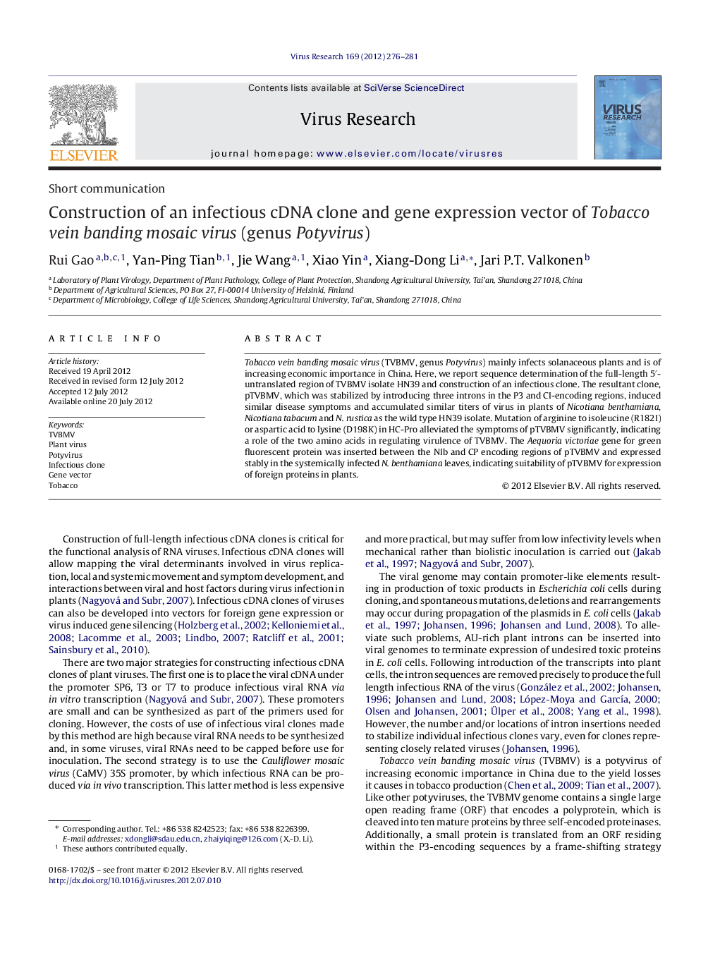 Construction of an infectious cDNA clone and gene expression vector of Tobacco vein banding mosaic virus (genus Potyvirus)