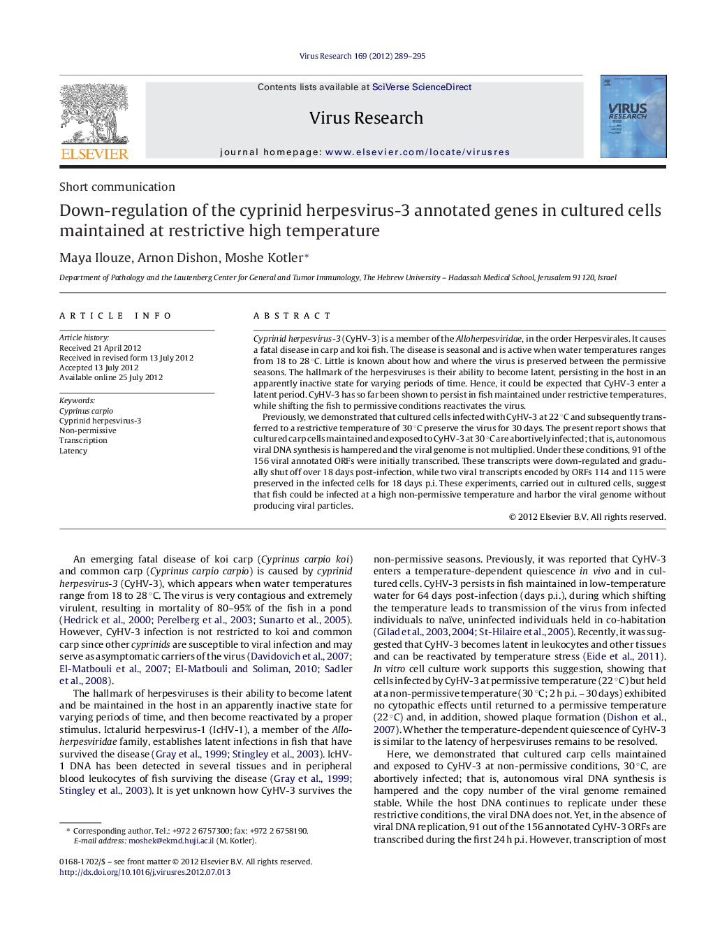 Down-regulation of the cyprinid herpesvirus-3 annotated genes in cultured cells maintained at restrictive high temperature