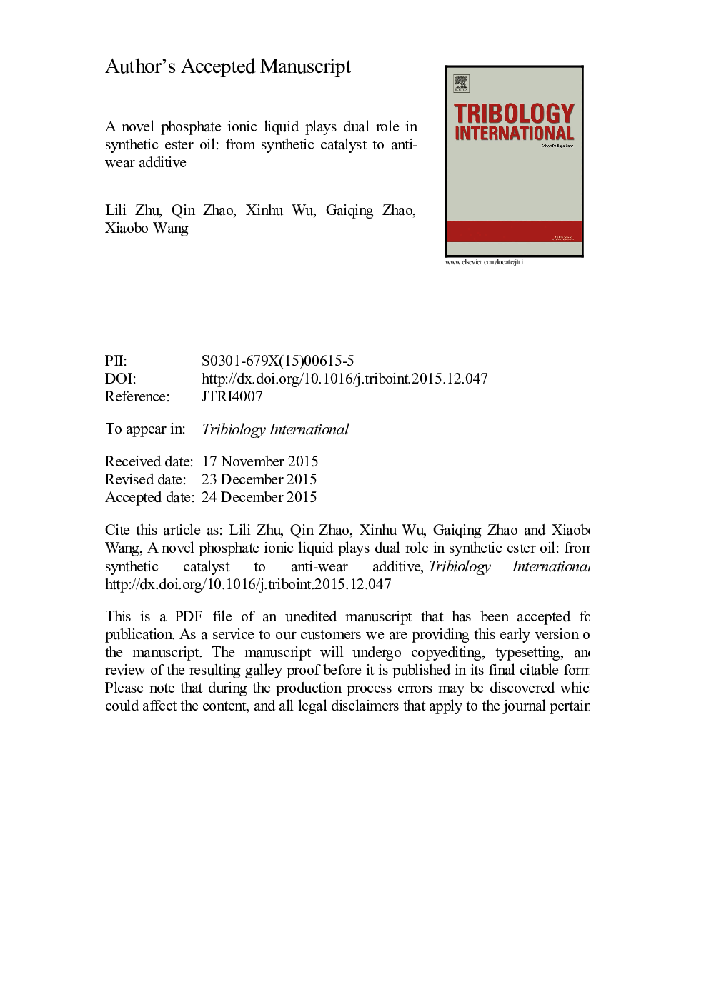 A novel phosphate ionic liquid plays dual role in synthetic ester oil: From synthetic catalyst to anti-wear additive