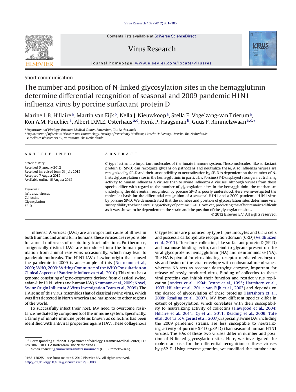 The number and position of N-linked glycosylation sites in the hemagglutinin determine differential recognition of seasonal and 2009 pandemic H1N1 influenza virus by porcine surfactant protein D