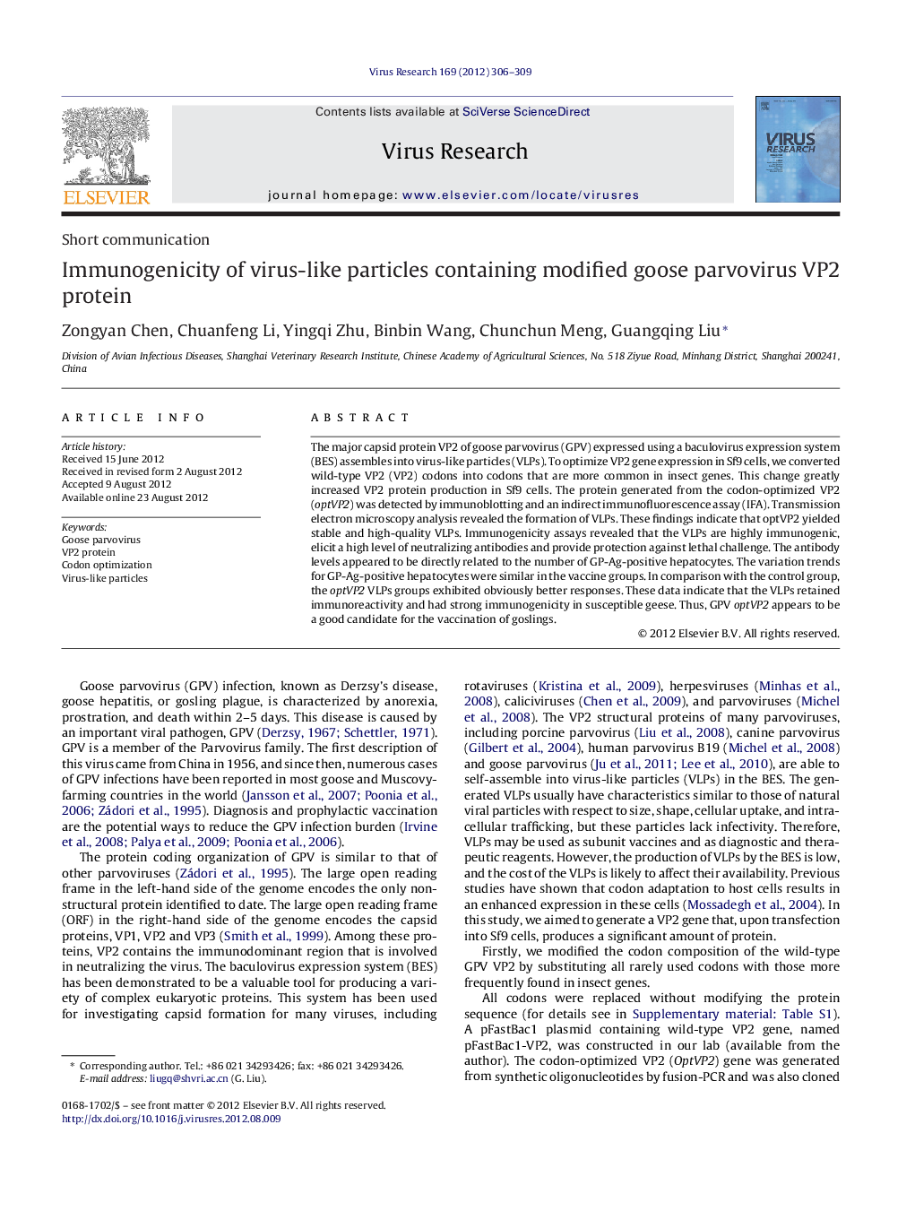 Immunogenicity of virus-like particles containing modified goose parvovirus VP2 protein