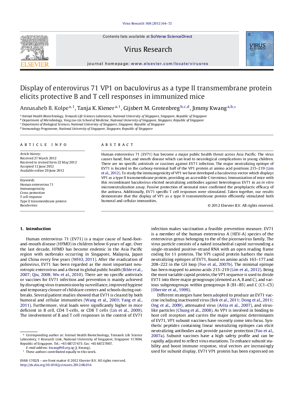 Display of enterovirus 71 VP1 on baculovirus as a type II transmembrane protein elicits protective B and T cell responses in immunized mice