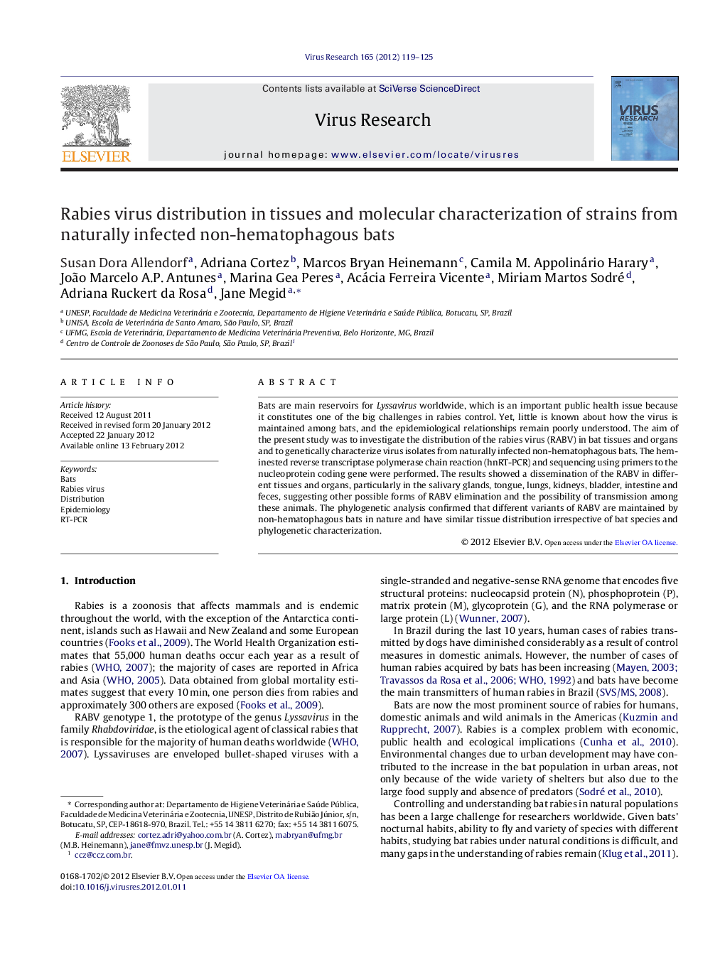 Rabies virus distribution in tissues and molecular characterization of strains from naturally infected non-hematophagous bats