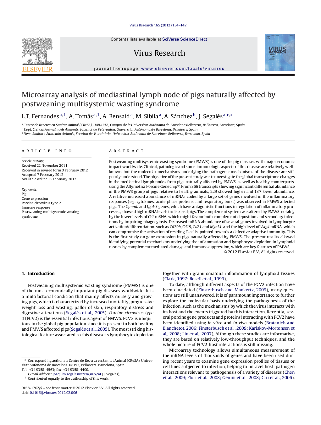 Microarray analysis of mediastinal lymph node of pigs naturally affected by postweaning multisystemic wasting syndrome