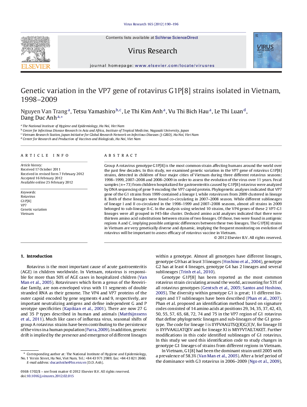 Genetic variation in the VP7 gene of rotavirus G1P[8] strains isolated in Vietnam, 1998-2009