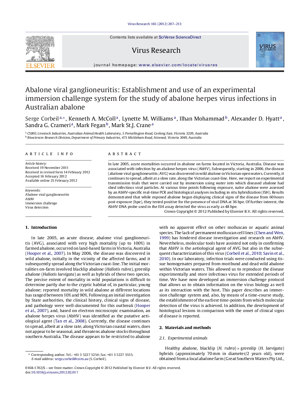 Abalone viral ganglioneuritis: Establishment and use of an experimental immersion challenge system for the study of abalone herpes virus infections in Australian abalone