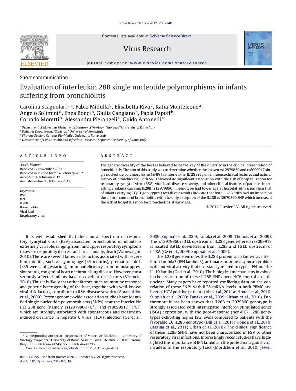 Short communicationEvaluation of interleukin 28B single nucleotide polymorphisms in infants suffering from bronchiolitis