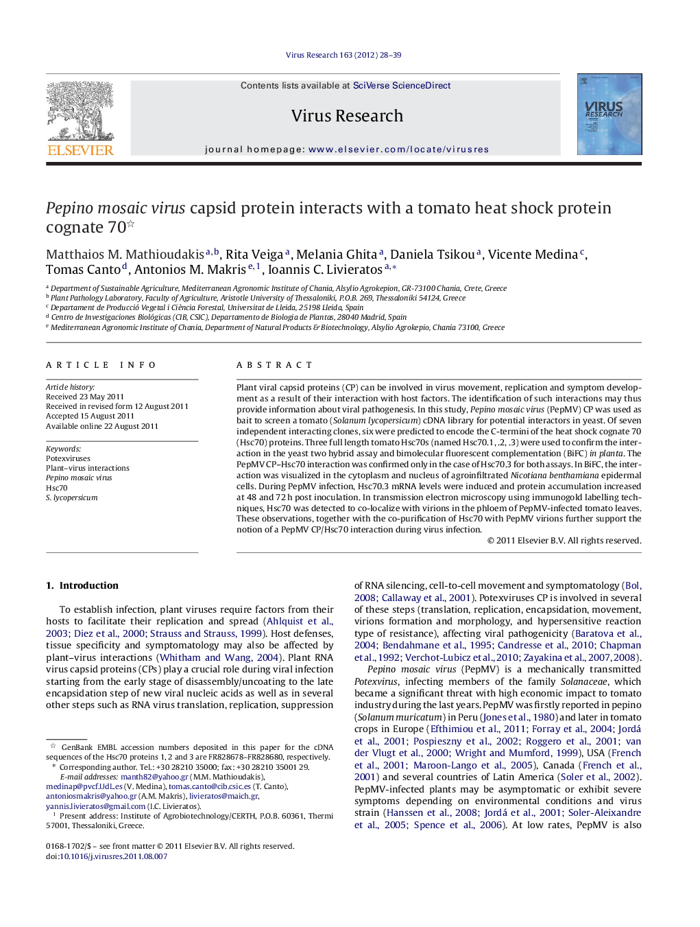 Pepino mosaic virus capsid protein interacts with a tomato heat shock protein cognate 70