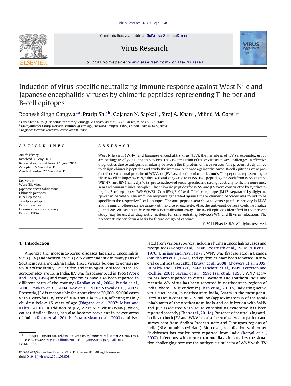 Induction of virus-specific neutralizing immune response against West Nile and Japanese encephalitis viruses by chimeric peptides representing T-helper and B-cell epitopes