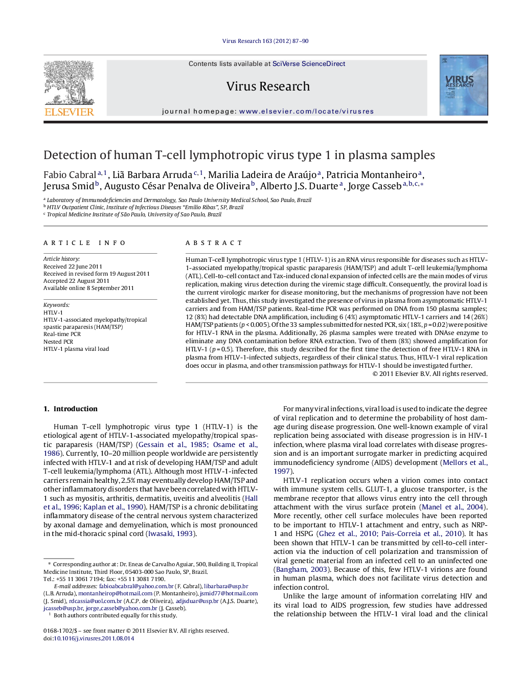 Detection of human T-cell lymphotropic virus type 1 in plasma samples