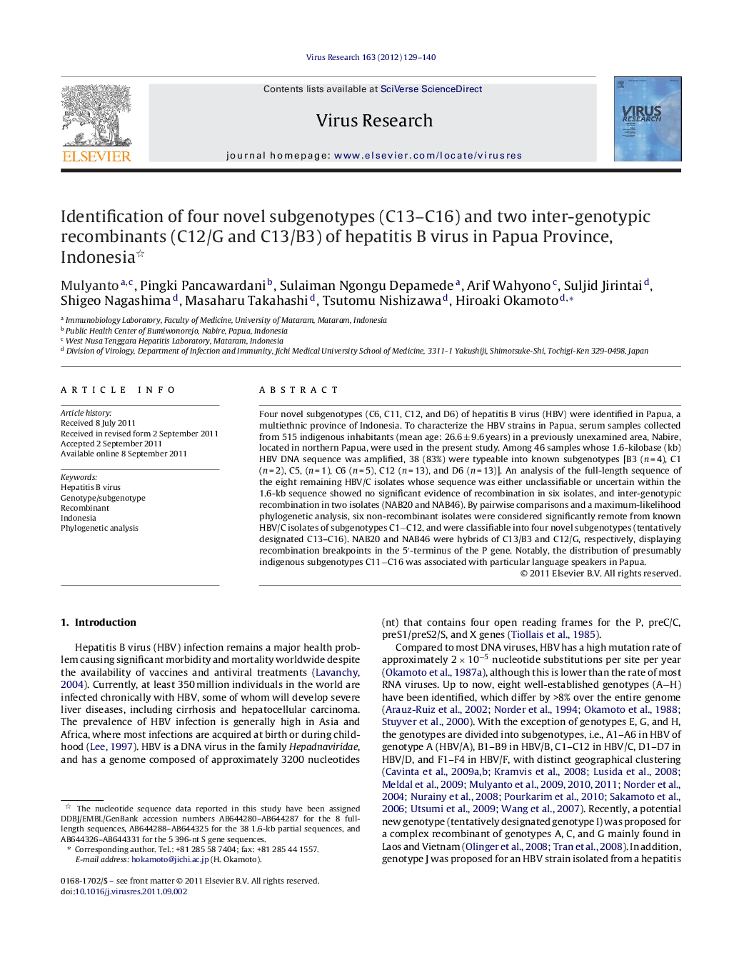 Identification of four novel subgenotypes (C13-C16) and two inter-genotypic recombinants (C12/G and C13/B3) of hepatitis B virus in Papua Province, Indonesia