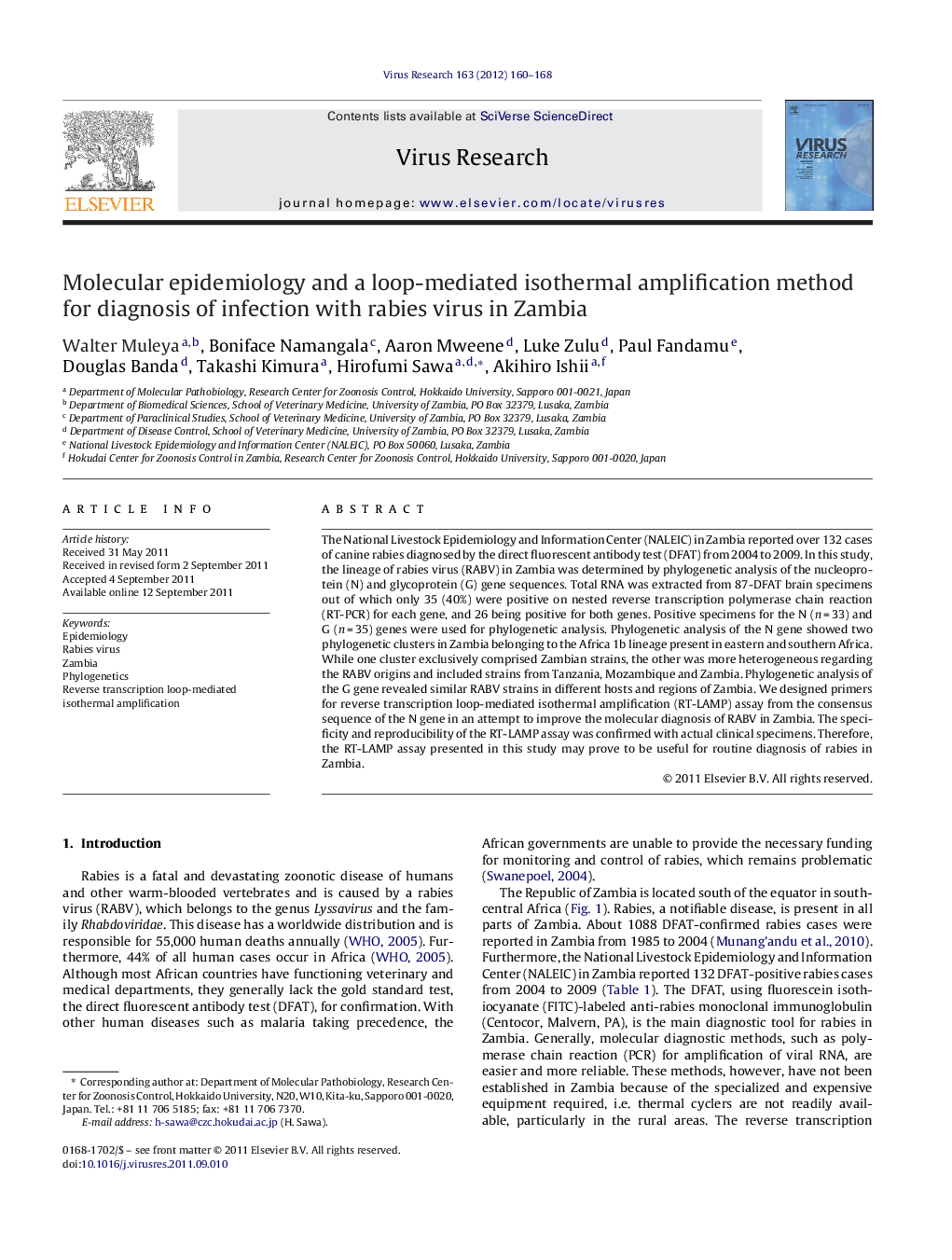 Molecular epidemiology and a loop-mediated isothermal amplification method for diagnosis of infection with rabies virus in Zambia