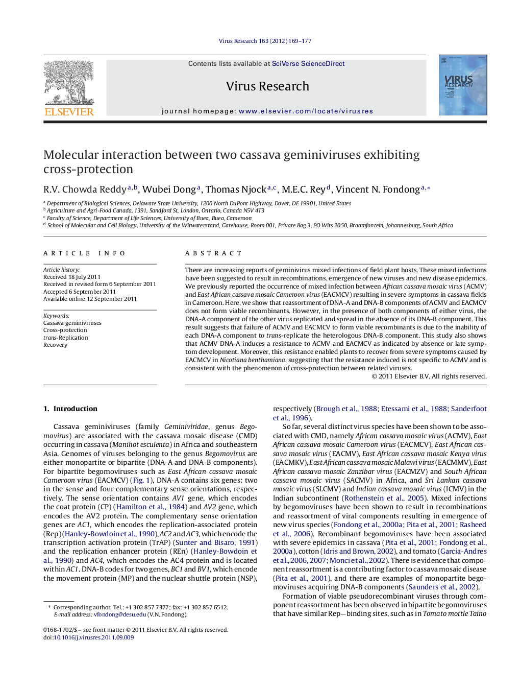 Molecular interaction between two cassava geminiviruses exhibiting cross-protection