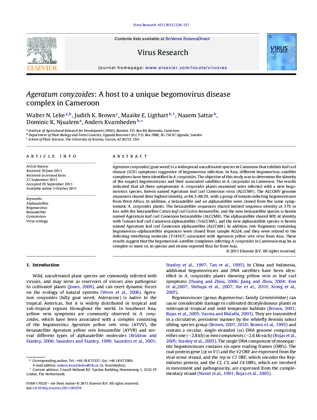 Ageratum conyzoides: A host to a unique begomovirus disease complex in Cameroon