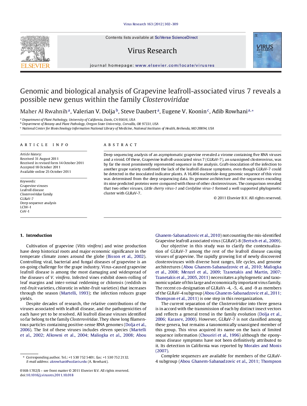 Genomic and biological analysis of Grapevine leafroll-associated virus 7 reveals a possible new genus within the family Closteroviridae