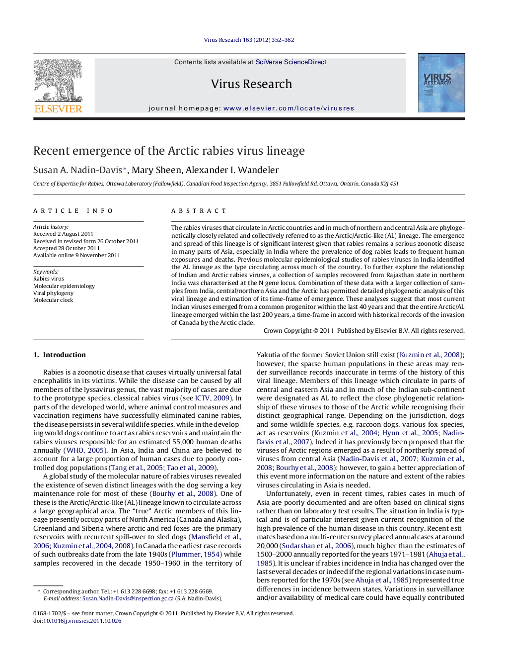 Recent emergence of the Arctic rabies virus lineage