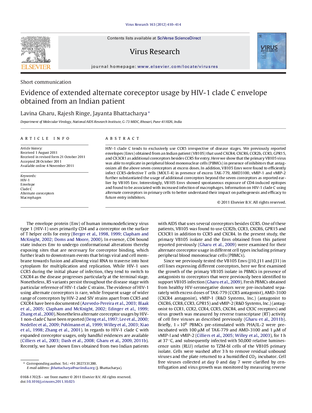 Evidence of extended alternate coreceptor usage by HIV-1 clade C envelope obtained from an Indian patient