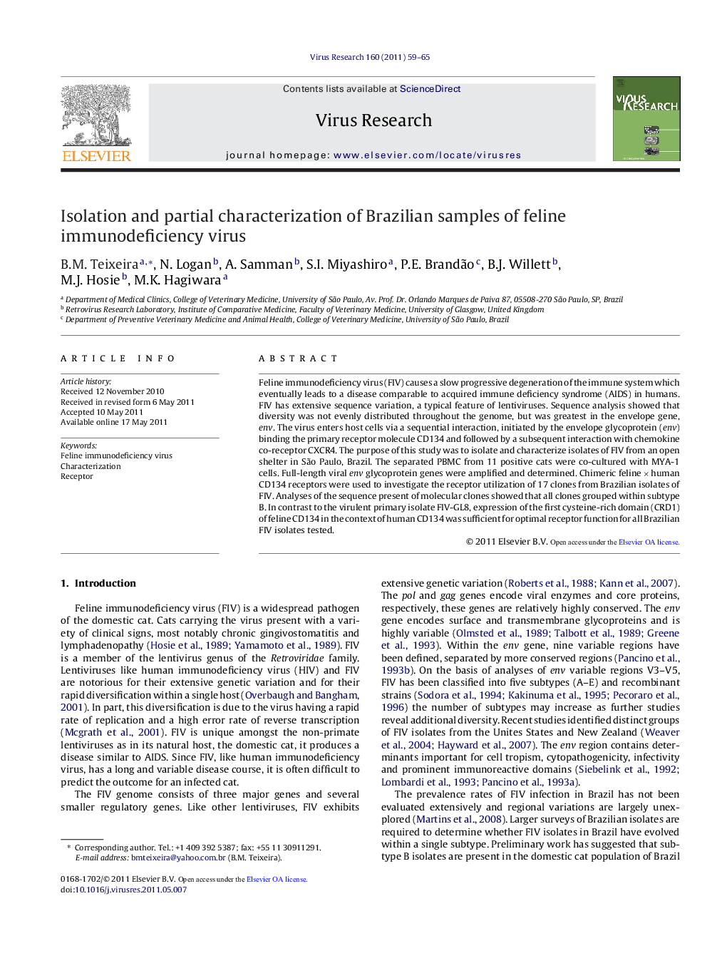 Isolation and partial characterization of Brazilian samples of feline immunodeficiency virus