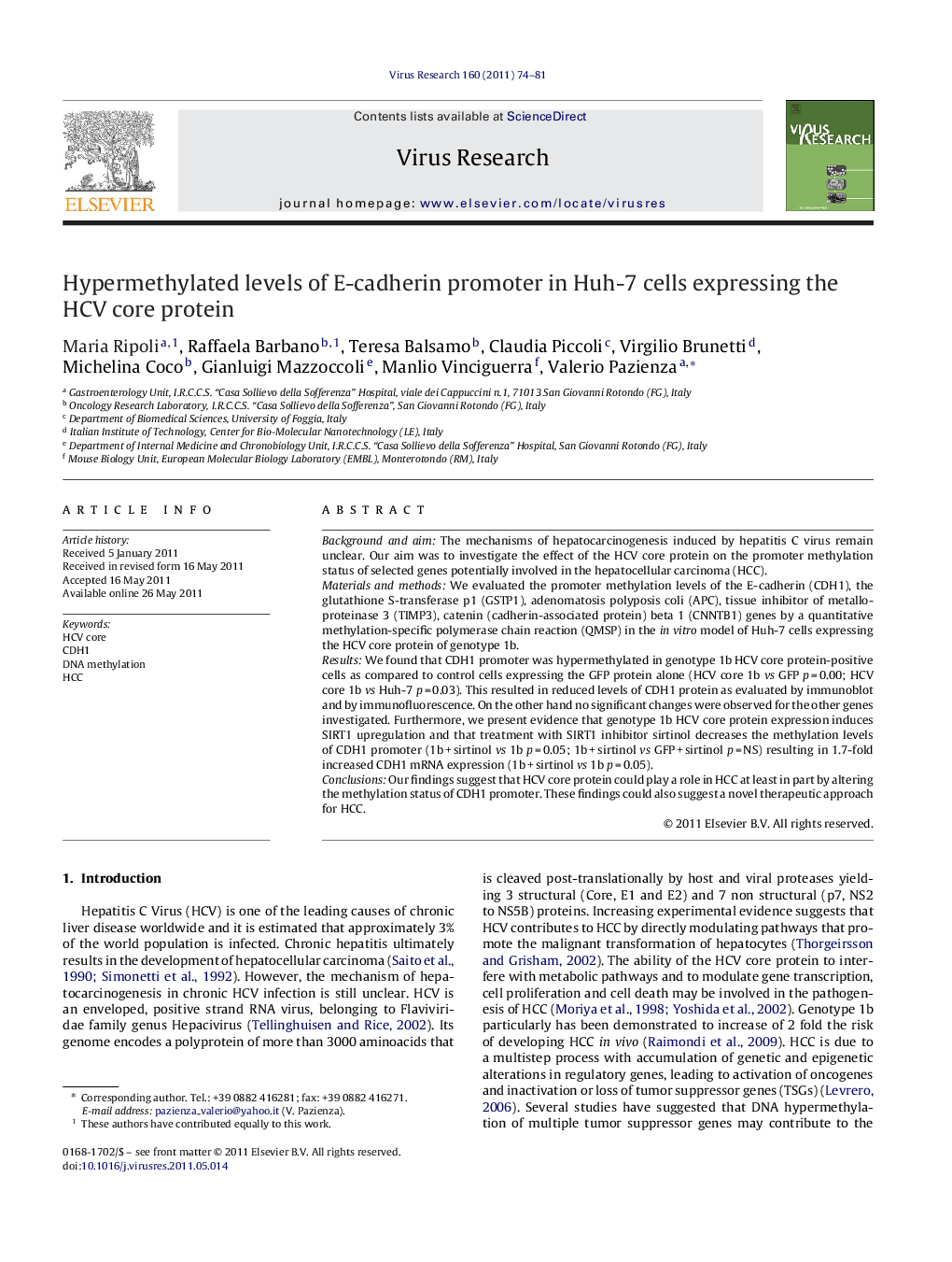 Hypermethylated levels of E-cadherin promoter in Huh-7 cells expressing the HCV core protein