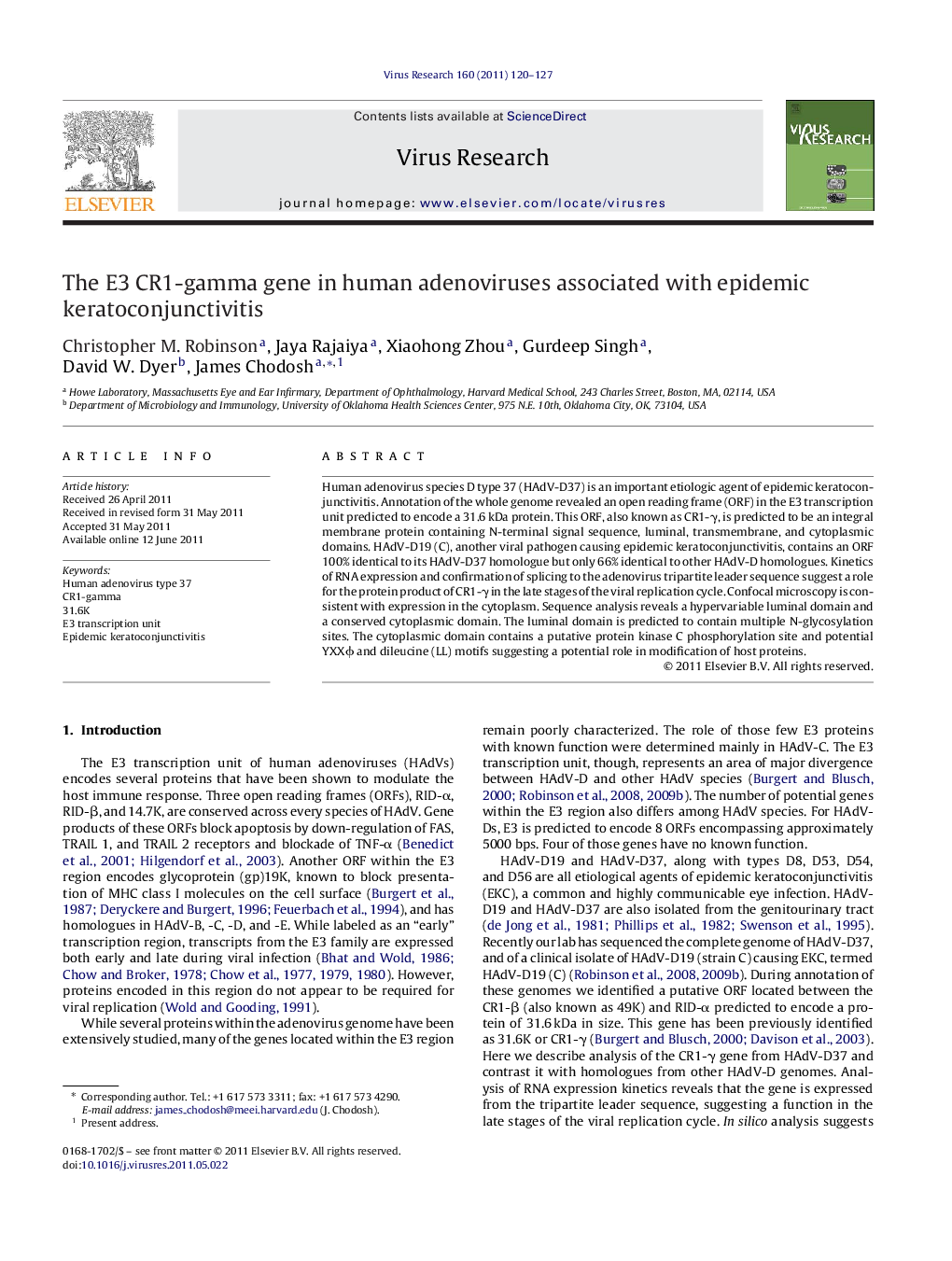 The E3 CR1-gamma gene in human adenoviruses associated with epidemic keratoconjunctivitis