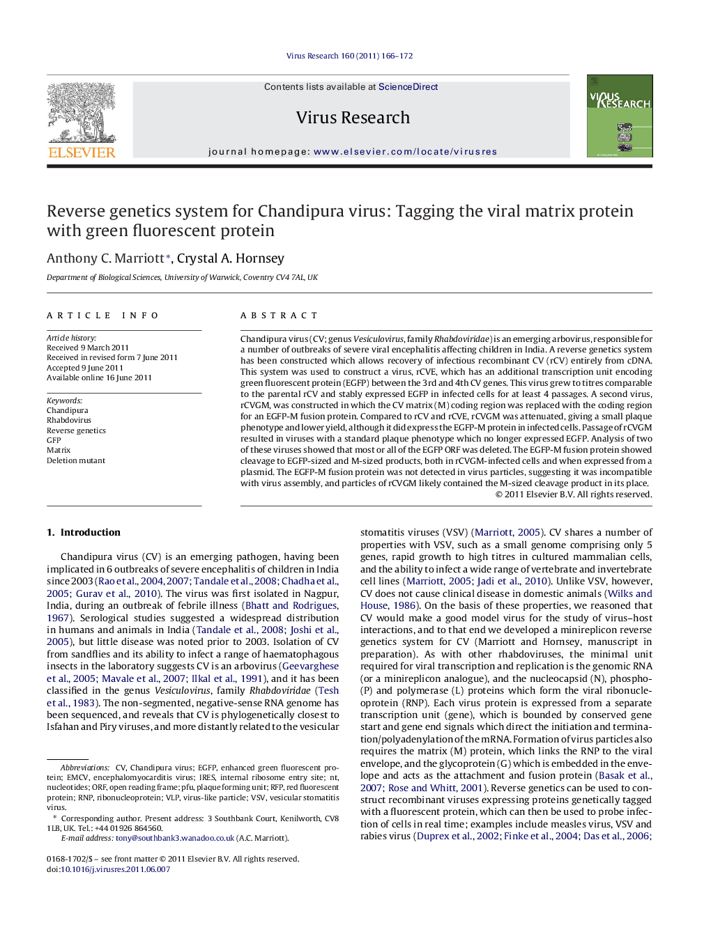 Reverse genetics system for Chandipura virus: Tagging the viral matrix protein with green fluorescent protein