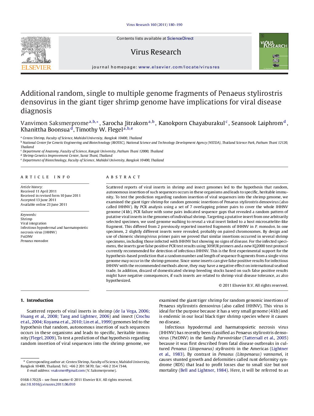 Additional random, single to multiple genome fragments of Penaeus stylirostris densovirus in the giant tiger shrimp genome have implications for viral disease diagnosis