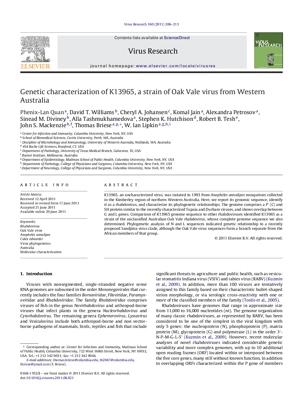 Genetic characterization of K13965, a strain of Oak Vale virus from Western Australia