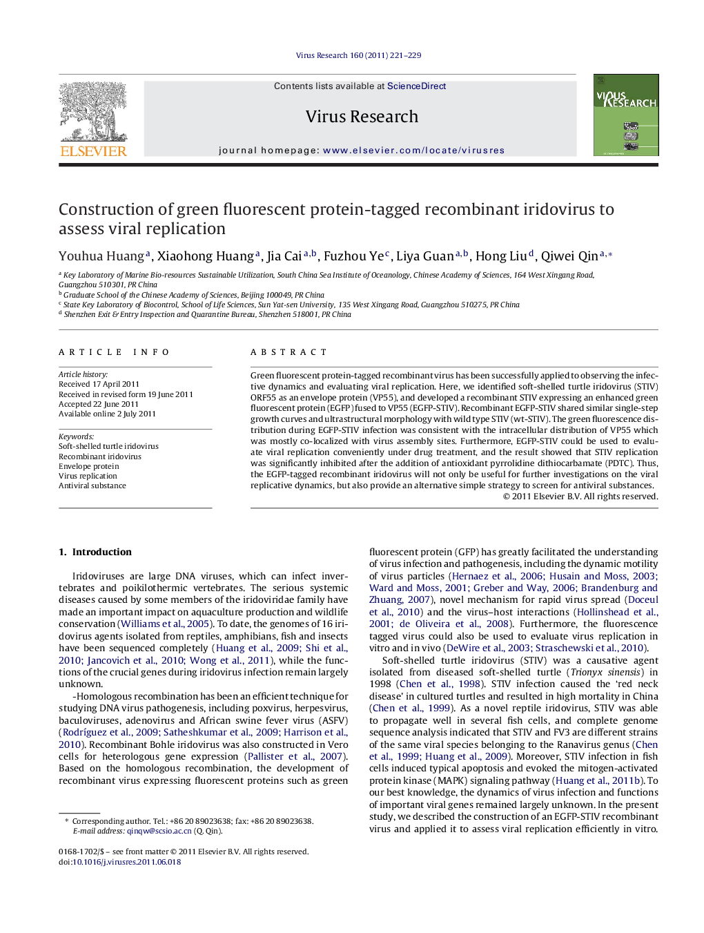 Construction of green fluorescent protein-tagged recombinant iridovirus to assess viral replication