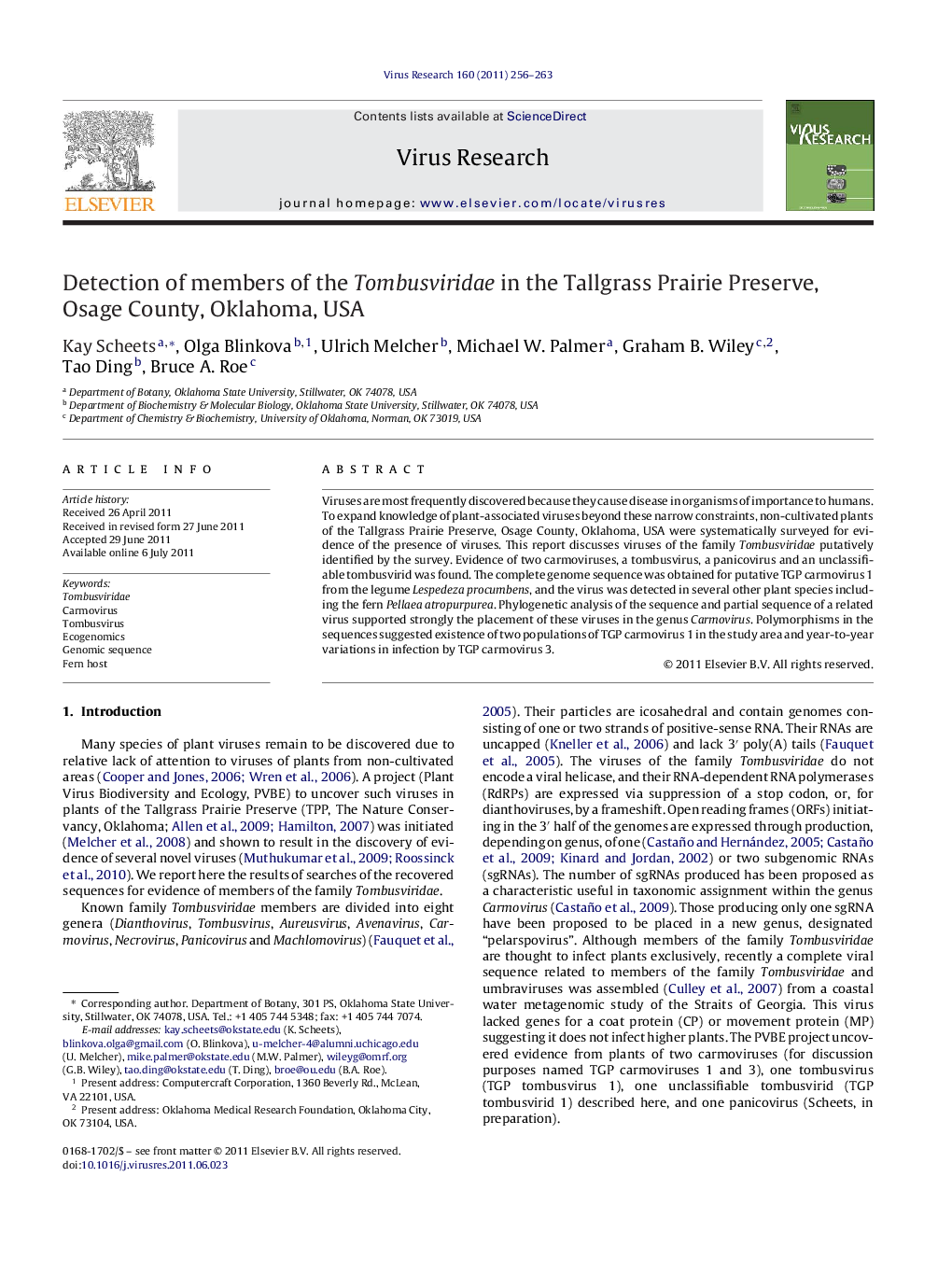 Detection of members of the Tombusviridae in the Tallgrass Prairie Preserve, Osage County, Oklahoma, USA