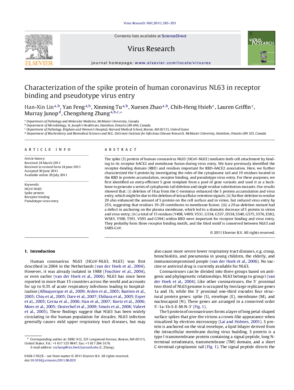 Characterization of the spike protein of human coronavirus NL63 in receptor binding and pseudotype virus entry