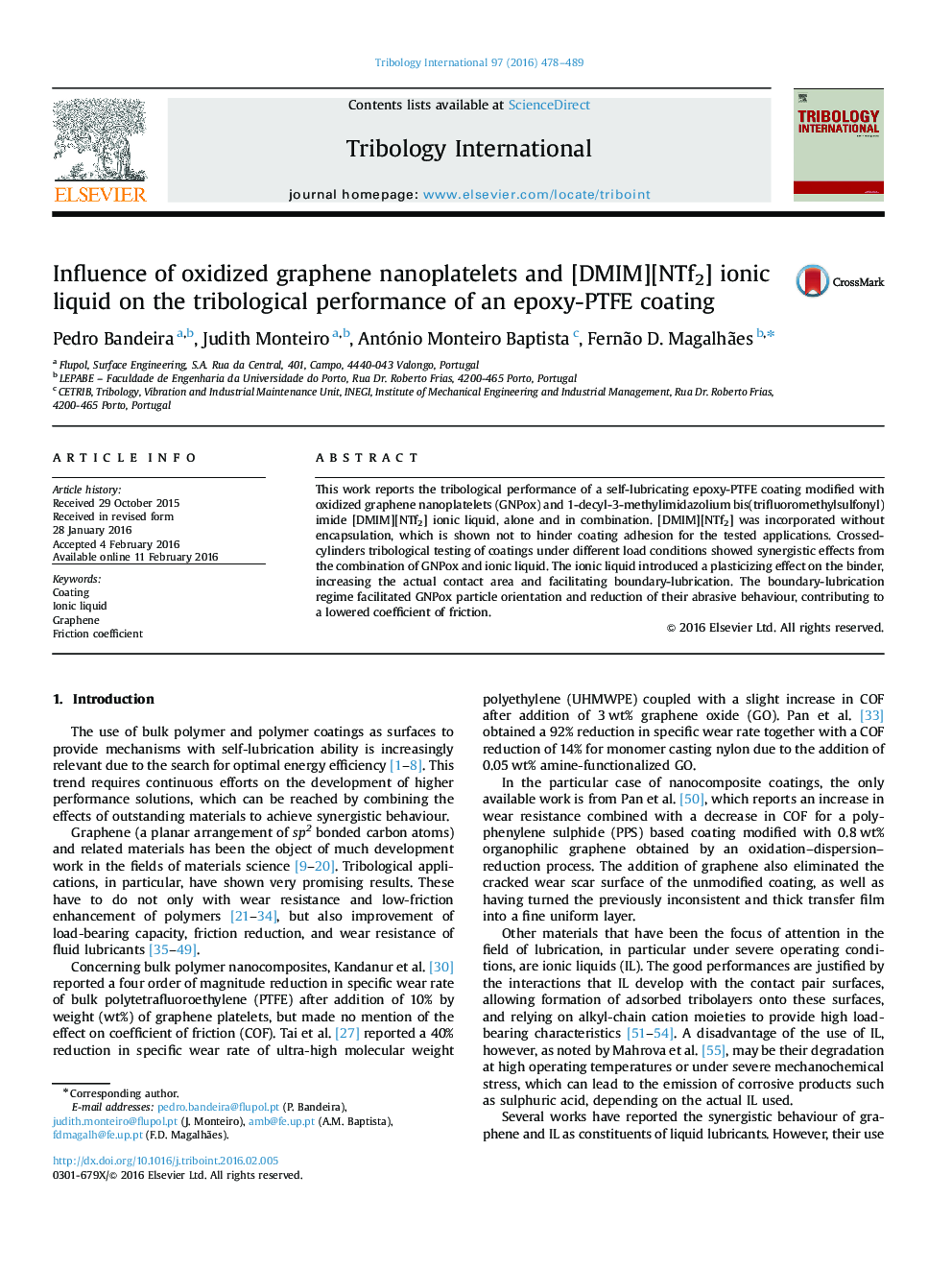 Influence of oxidized graphene nanoplatelets and [DMIM][NTf2] ionic liquid on the tribological performance of an epoxy-PTFE coating