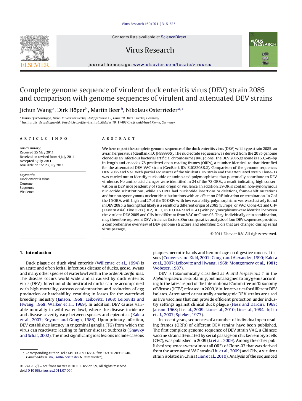 Complete genome sequence of virulent duck enteritis virus (DEV) strain 2085 and comparison with genome sequences of virulent and attenuated DEV strains