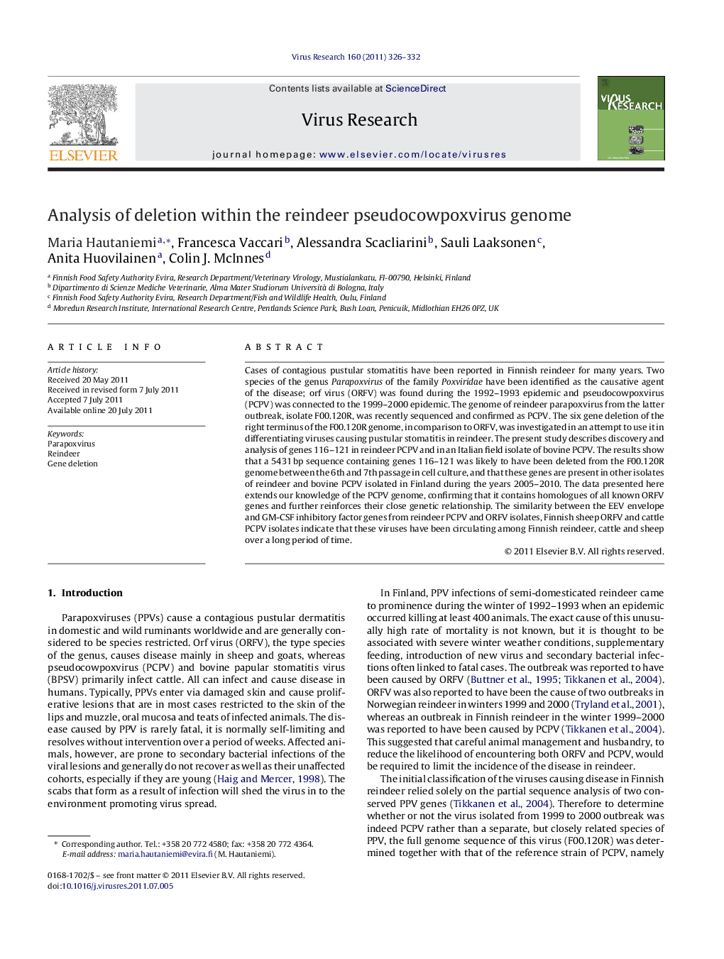 Analysis of deletion within the reindeer pseudocowpoxvirus genome