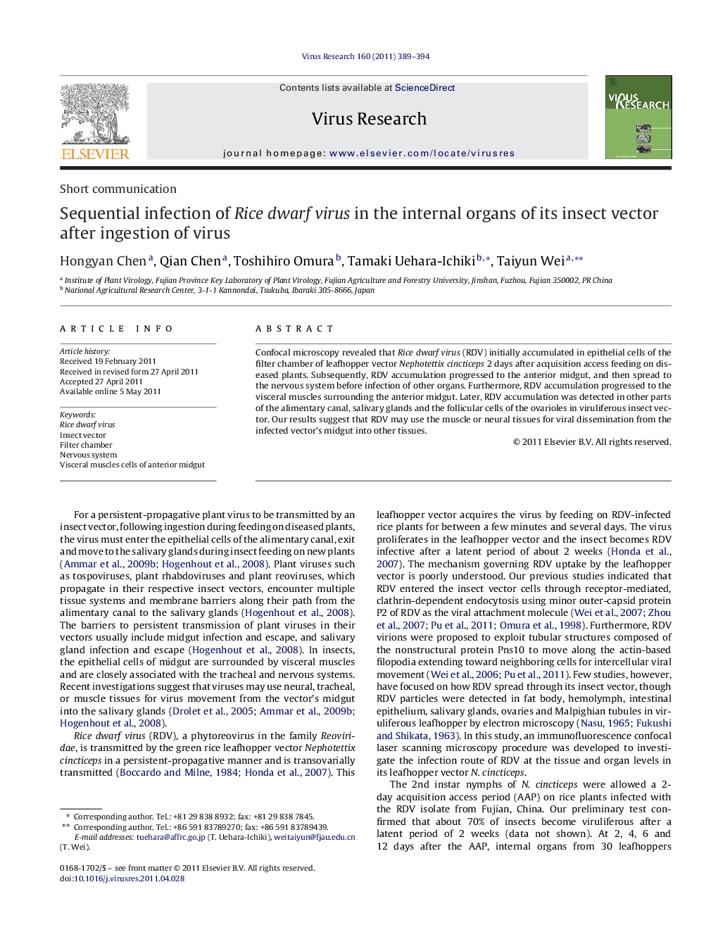 Sequential infection of Rice dwarf virus in the internal organs of its insect vector after ingestion of virus