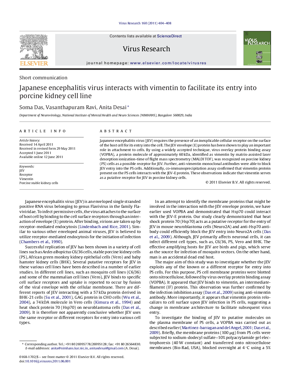 Japanese encephalitis virus interacts with vimentin to facilitate its entry into porcine kidney cell line