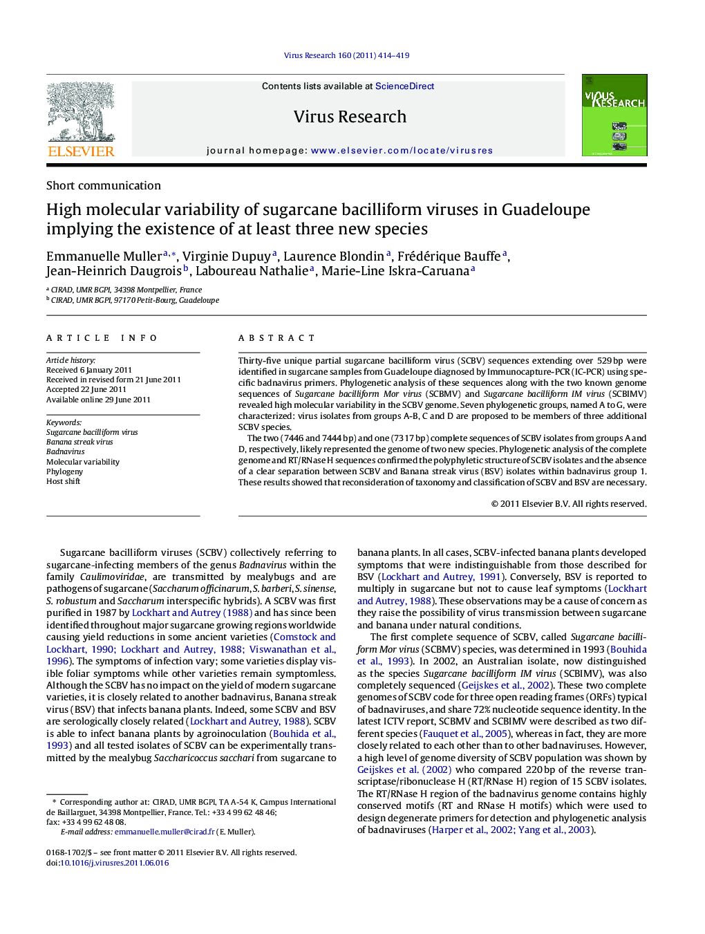 High molecular variability of sugarcane bacilliform viruses in Guadeloupe implying the existence of at least three new species