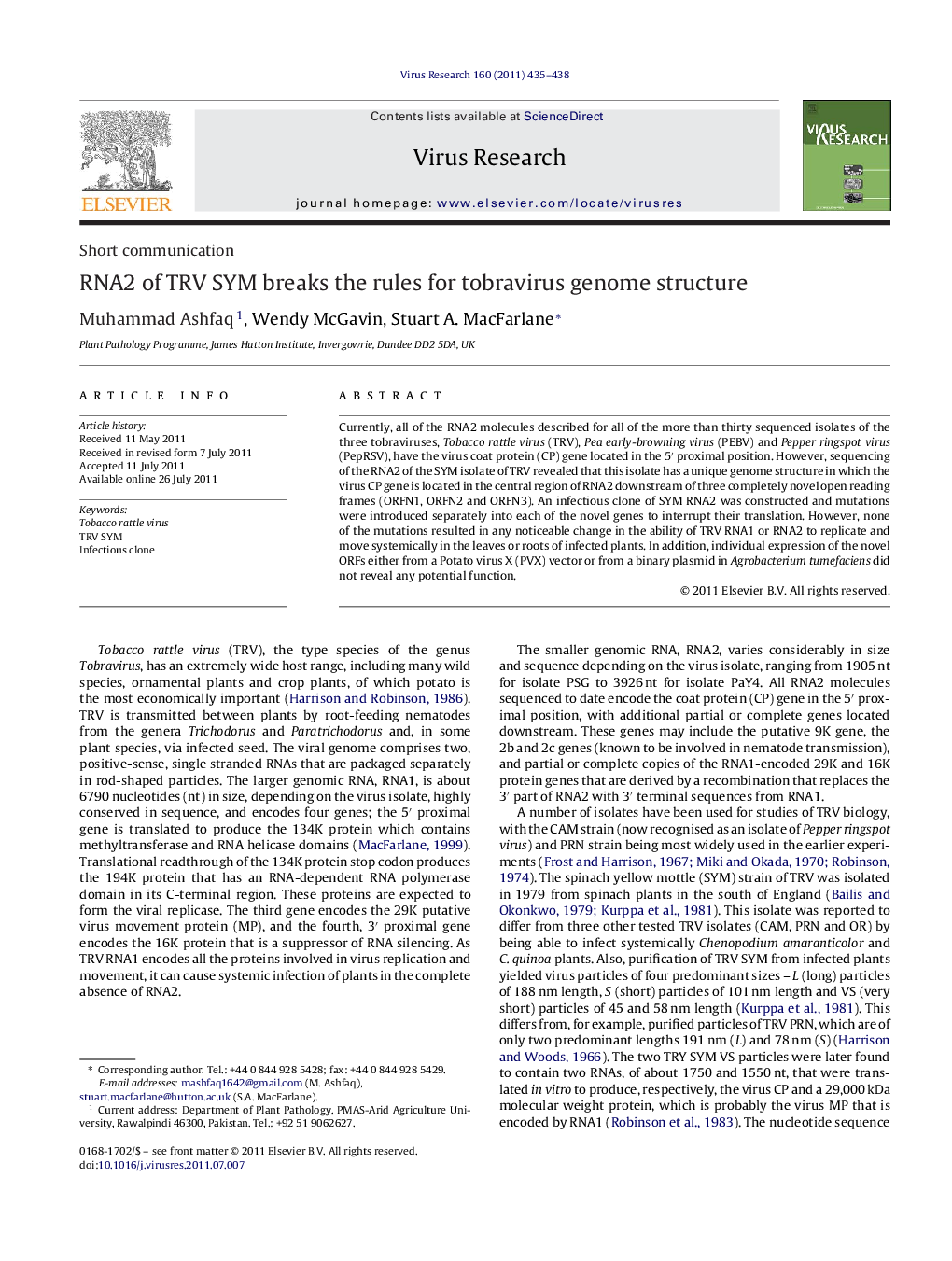 RNA2 of TRV SYM breaks the rules for tobravirus genome structure